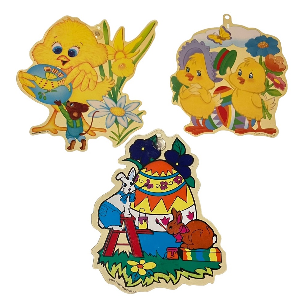 Vintage 90's Easter Chicks Egg Bunny Diecut Plastic Suction Cup Window Clings 3